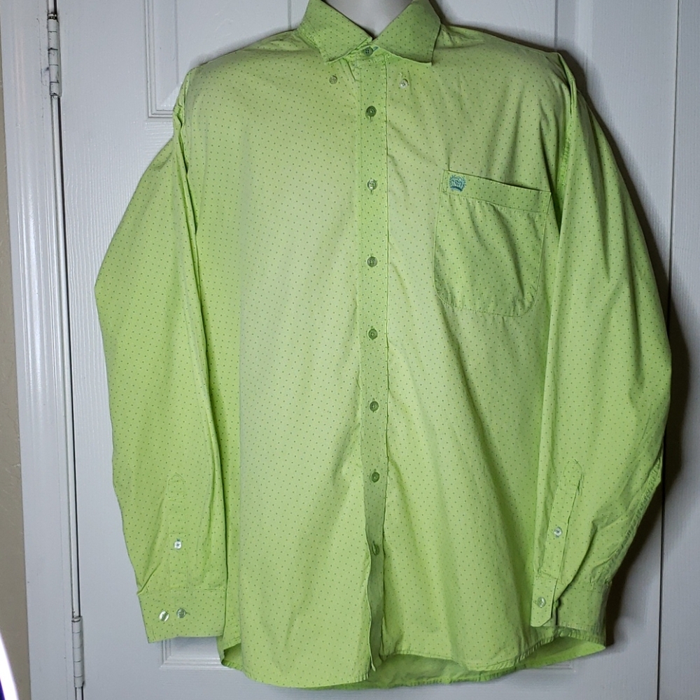 Cinch mens L lime green polka dot LS button shirt